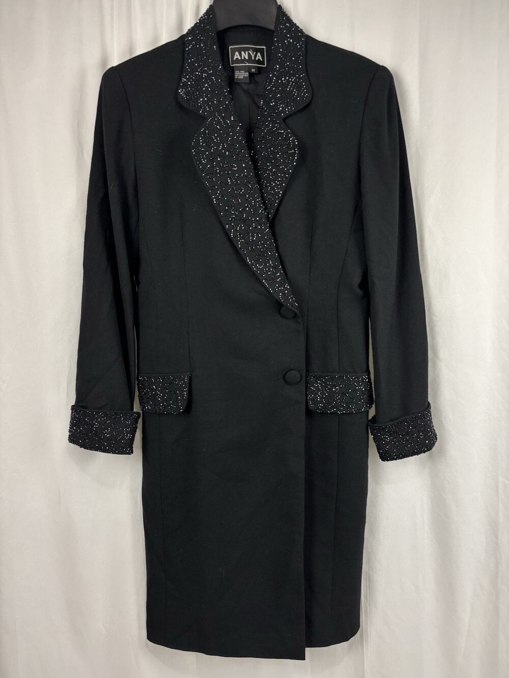Vintage Anya Black Suit Jacket Dress Wool Embellished Collar Cocktail Formal 10